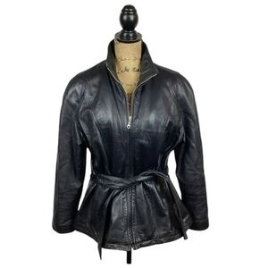 WILSONS LEATHER Black Belted Leather Biker Jacket Zip Front Size Medium